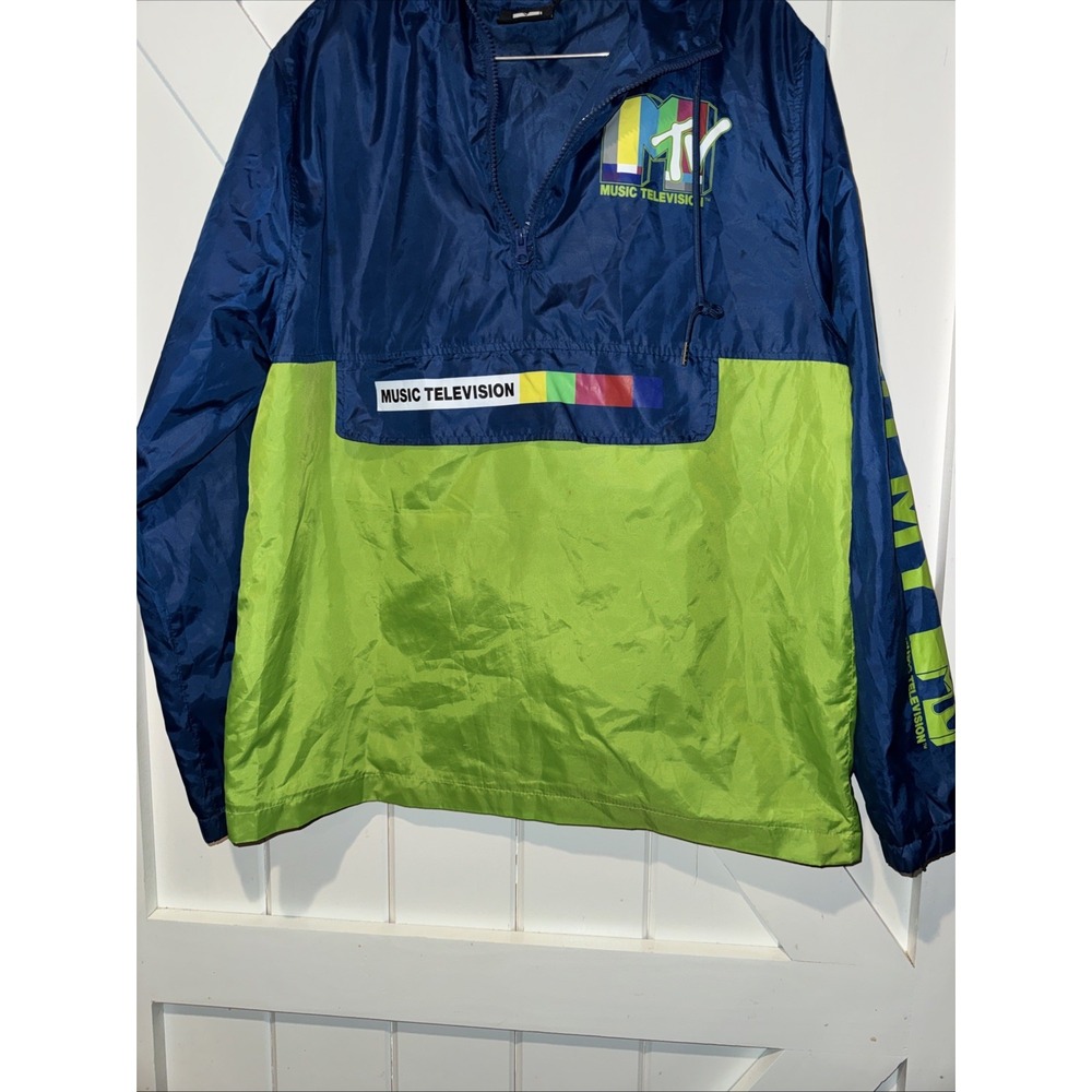 MTV Retro Windbreaker Mens Neon green Rare Medium Color Block Rain Coat Music